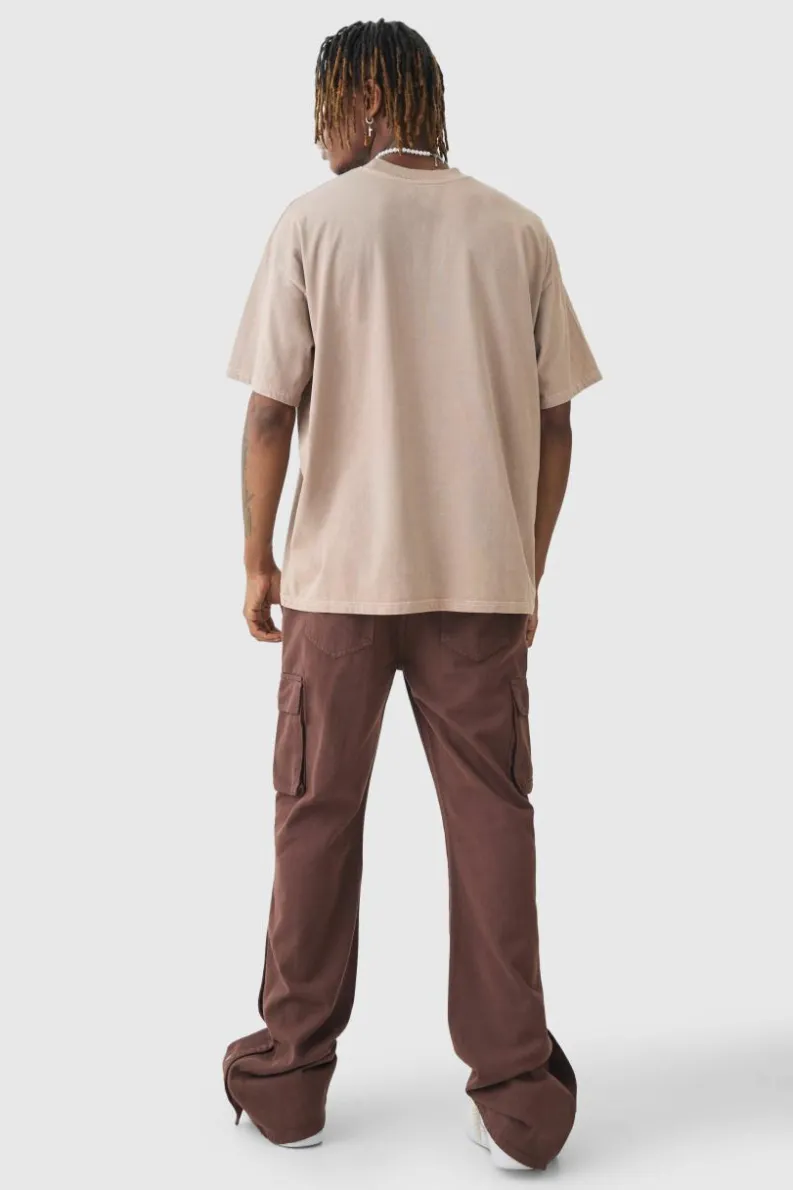 Best boohooMAN Tall Relaxed Flare Overdye Popper Hem Cargo Trouser In chocolate