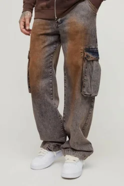 Cheap boohooMAN Tall Relaxed printed Cargo Jeans antique wash