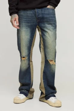 Discount boohooMAN Tall Relaxed Rigid Flare Knee Rip Jeans antique wash