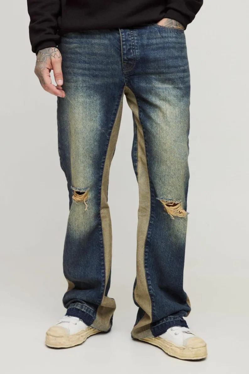 Discount boohooMAN Tall Relaxed Rigid Flare Knee Rip Jeans antique wash