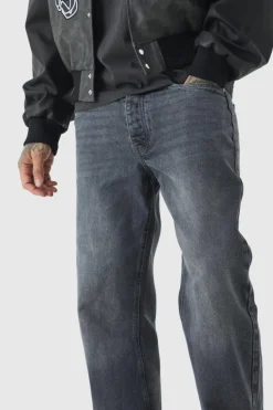 Shop boohooMAN Tall Relaxed Rigid Jeans mid grey