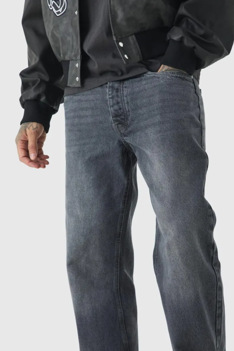 Shop boohooMAN Tall Relaxed Rigid Jeans mid grey