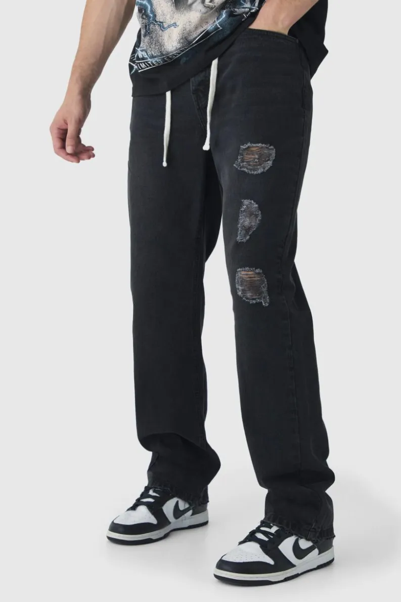 Sale boohooMAN Tall Relaxed Ripped Let Down Hem Jeans With Extended Drawcords washed black