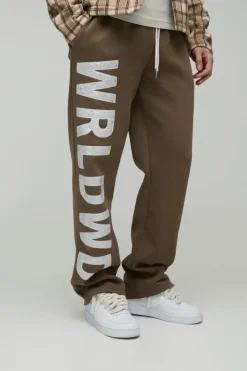 Hot boohooMAN Tall Relaxed Satin Applique WRLDWD Jogger brown