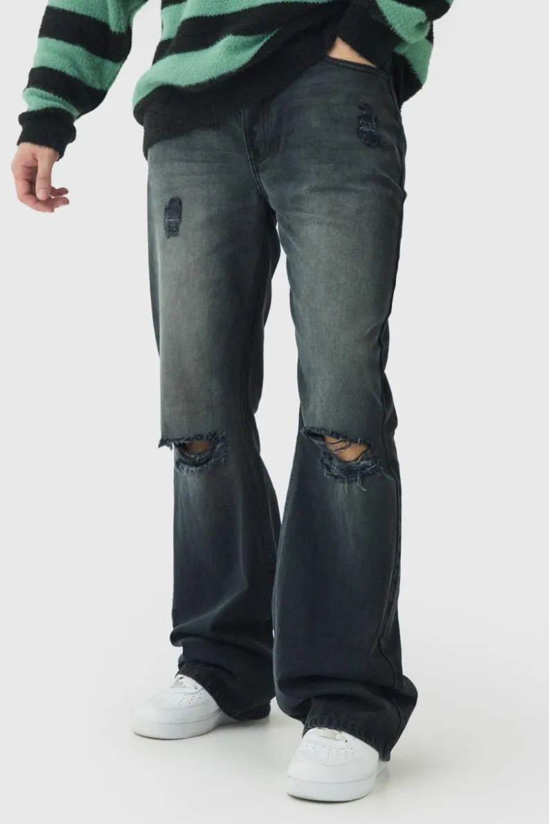 Cheap boohooMAN Tall Rigid Flared Distressed Jeans washed black