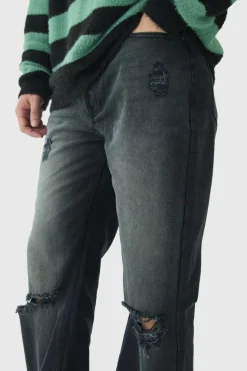 Cheap boohooMAN Tall Rigid Flared Distressed Jeans washed black