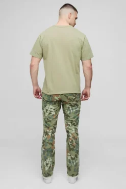 Cheap boohooMAN Tall Self Applique Gusset Detail Camo Slim Fit Flared Trousers khaki