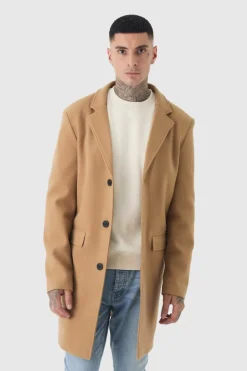 Cheap boohooMAN Tall Single Breasted Wool Look Overcoat in camel