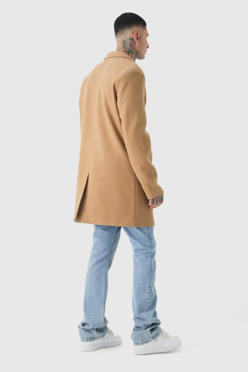 Cheap boohooMAN Tall Single Breasted Wool Look Overcoat in camel
