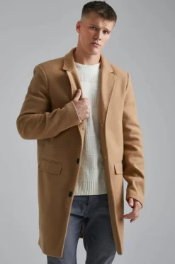 Cheap boohooMAN Tall Single Breasted Wool Look Overcoat in camel