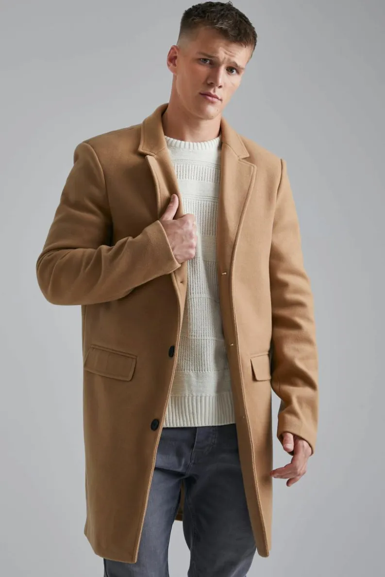 Cheap boohooMAN Tall Single Breasted Wool Look Overcoat in camel