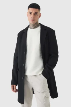 Discount boohooMAN Tall Single Breasted Wool Look Overcoat in black