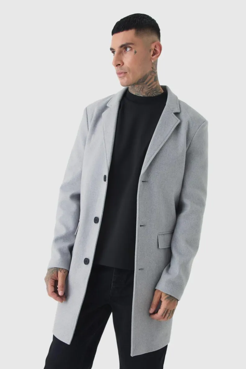 Online boohooMAN Tall Single Breasted Wool Look Overcoat in grey