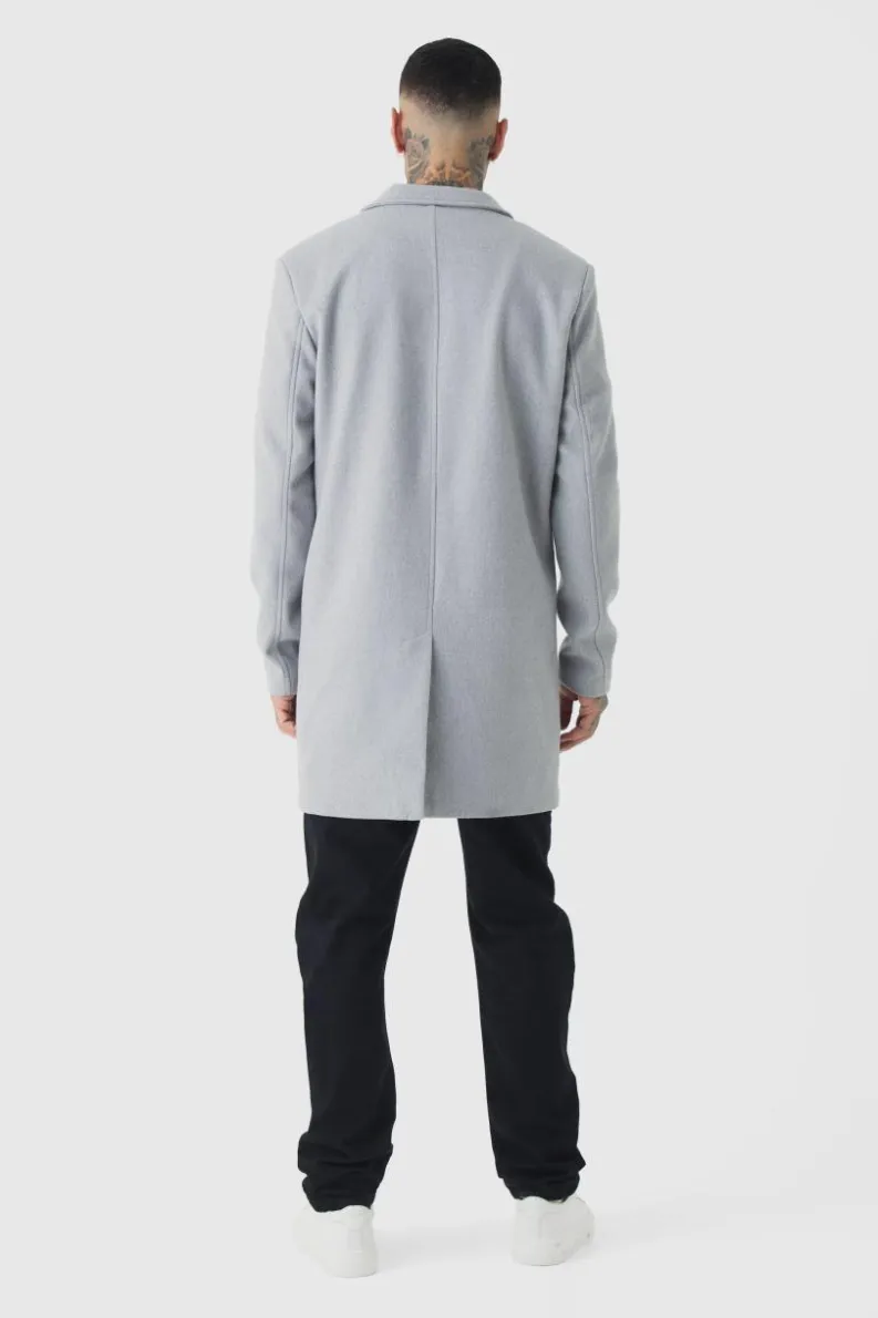 Online boohooMAN Tall Single Breasted Wool Look Overcoat in grey