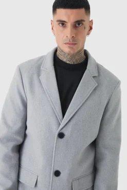 Online boohooMAN Tall Single Breasted Wool Look Overcoat in grey