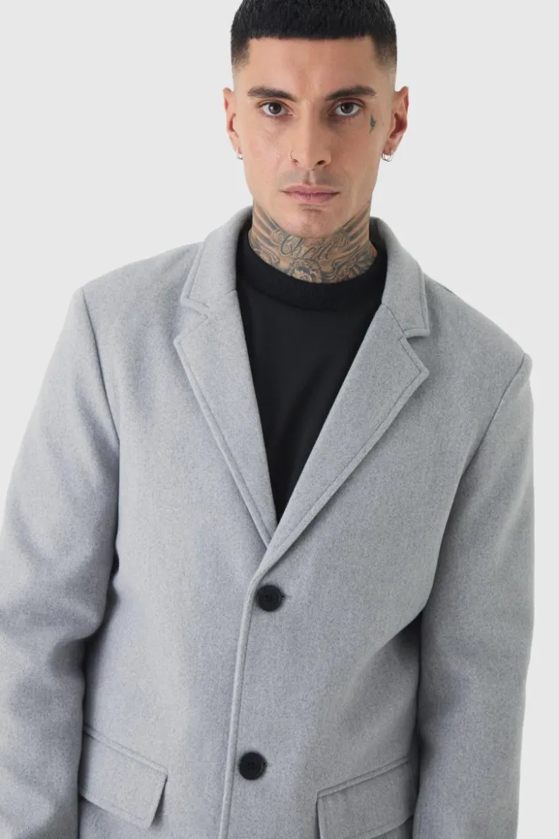 Online boohooMAN Tall Single Breasted Wool Look Overcoat in grey