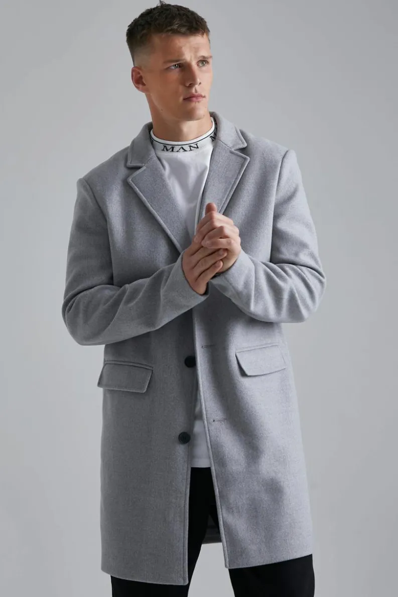 Online boohooMAN Tall Single Breasted Wool Look Overcoat in grey