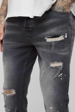 Hot boohooMAN Tall Skinny All Over Ripped Bleached Paint Splatter Jeans grey
