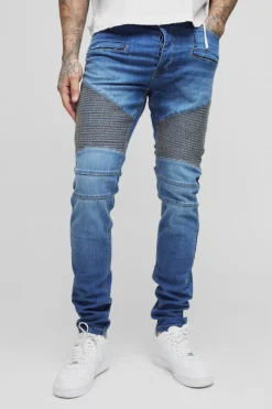 Sale boohooMAN Tall Skinny Biker Ripped Knee Jeans blue
