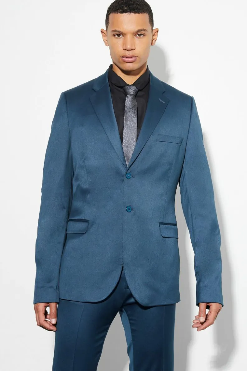 Online boohooMAN Tall Skinny Satin Suit Jacket navy