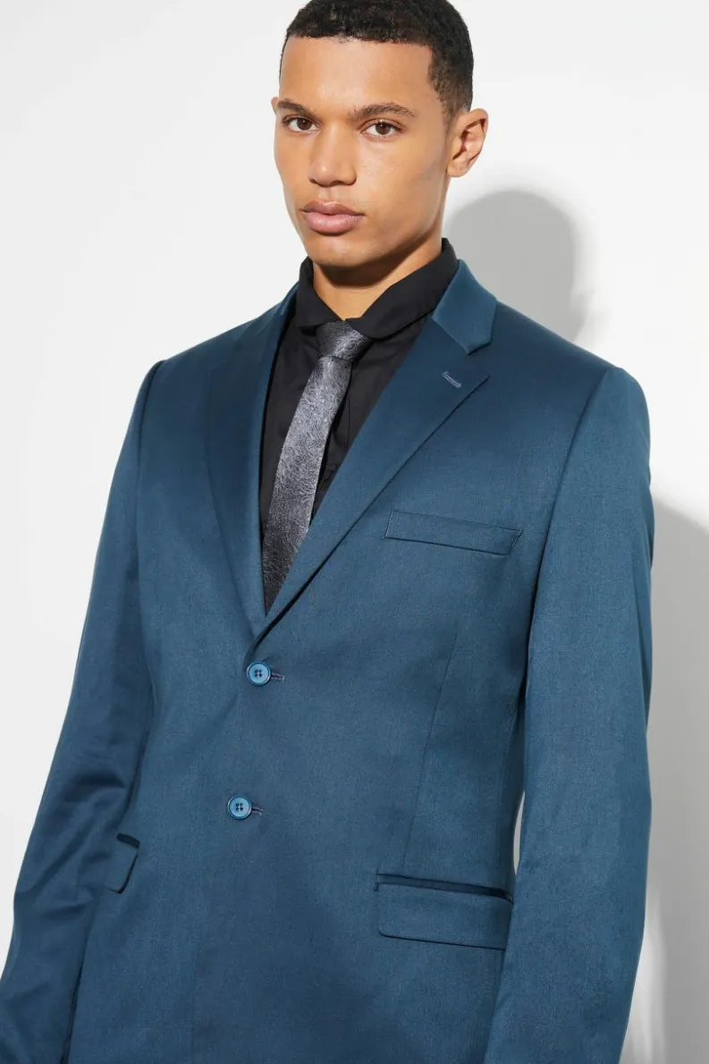 Online boohooMAN Tall Skinny Satin Suit Jacket navy