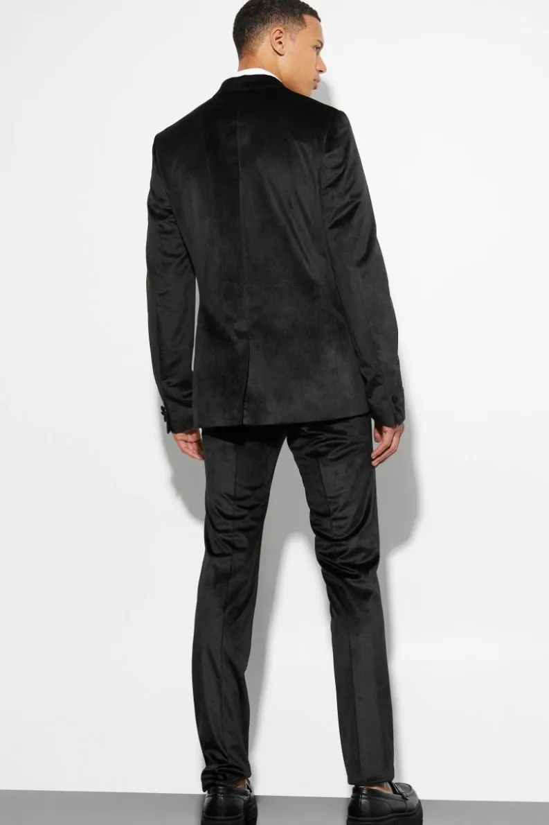 Flash Sale boohooMAN Tall Skinny Velour Satin Lapel Suit Jacket black