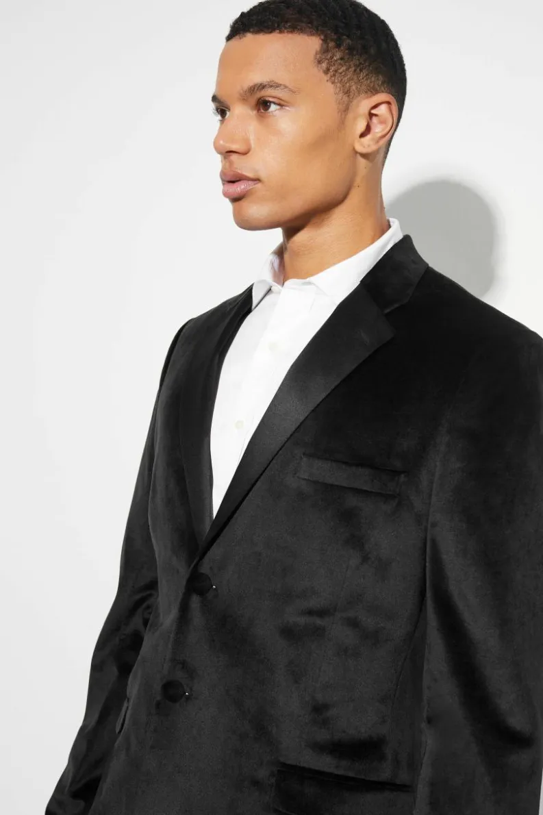 Flash Sale boohooMAN Tall Skinny Velour Satin Lapel Suit Jacket black