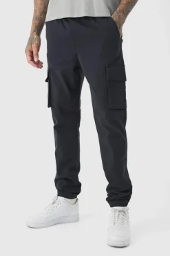 Discount boohooMAN Tall Slim Fit Elasticated Waist Cuffed Cargo Trousers black