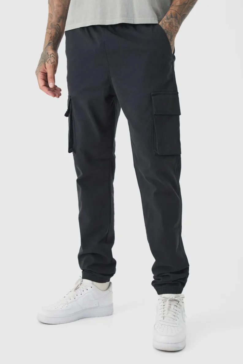 Discount boohooMAN Tall Slim Fit Elasticated Waist Cuffed Cargo Trousers black