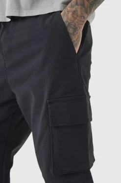 Discount boohooMAN Tall Slim Fit Elasticated Waist Cuffed Cargo Trousers black