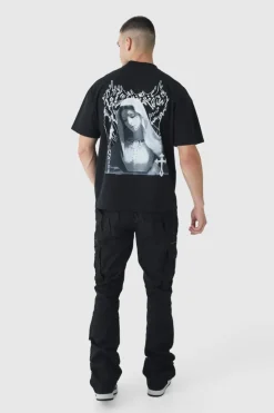 Hot boohooMAN Tall Slim Flare Zip Gusset Overdye Acid Wash Cargo Trouser In black