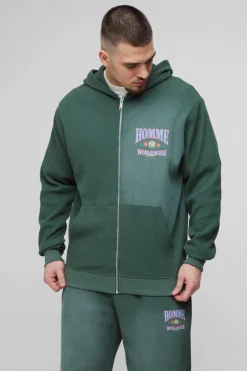 Store boohooMAN Tall Spray Wash Waffle Graphic Hooded Tracksuit green