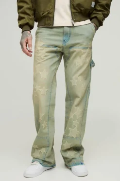 Best Sale boohooMAN Tall Star Applique Gusset Detail Carpenter Jeans khaki