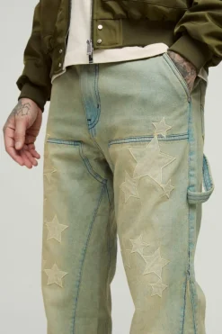 Best Sale boohooMAN Tall Star Applique Gusset Detail Carpenter Jeans khaki