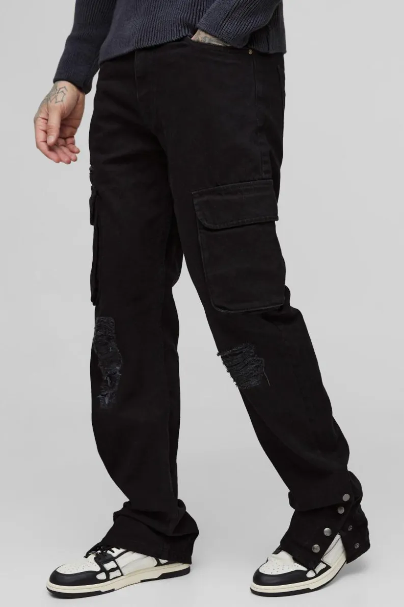 Sale boohooMAN Tall Straight Fit Rip & Repair Popper Hem Cargo Jeans black