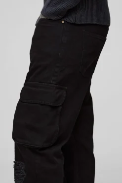 Sale boohooMAN Tall Straight Fit Rip & Repair Popper Hem Cargo Jeans black