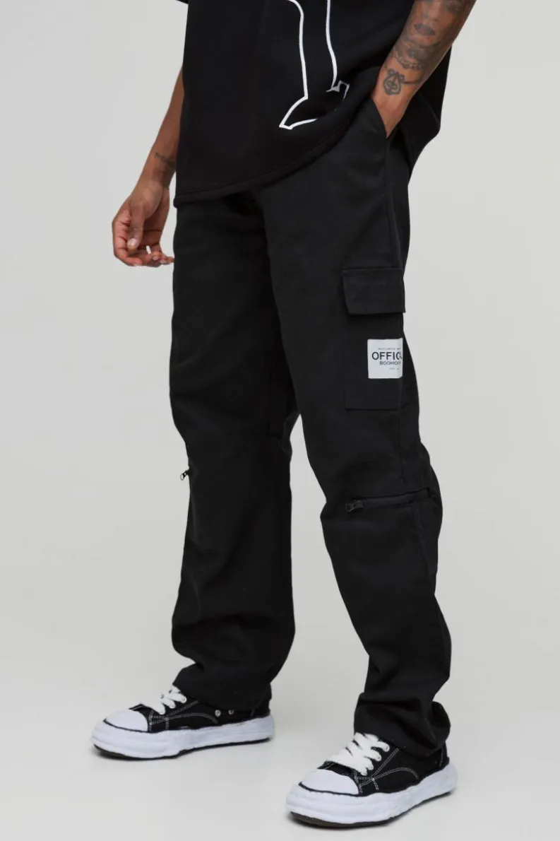 Cheap boohooMAN Tall Straight Leg Ankle Grazer Woven Tab Cargo Trouser black