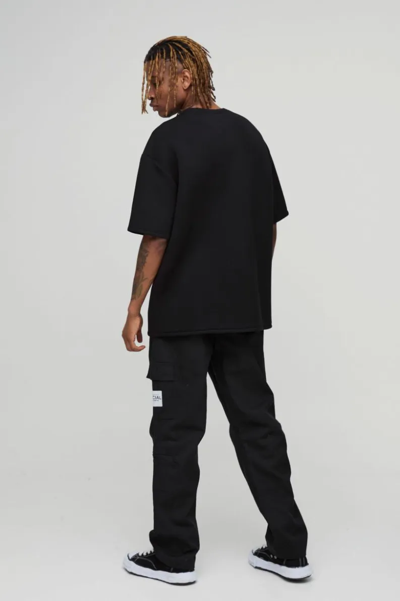 Cheap boohooMAN Tall Straight Leg Ankle Grazer Woven Tab Cargo Trouser black