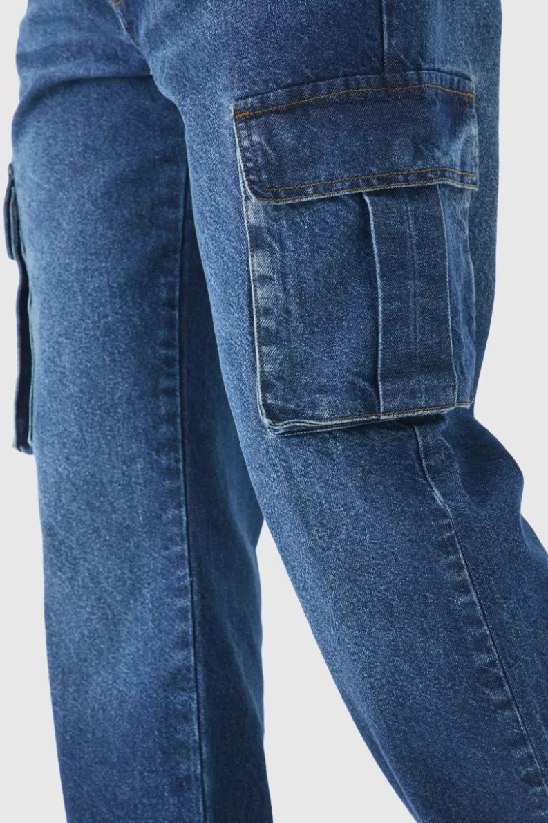Outlet boohooMAN Tall Straight Rigid Cargo Jeans mid blue