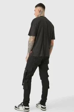 Discount boohooMAN Tall Stretch Skinny Cargo Pocket Detail Jeans In true black