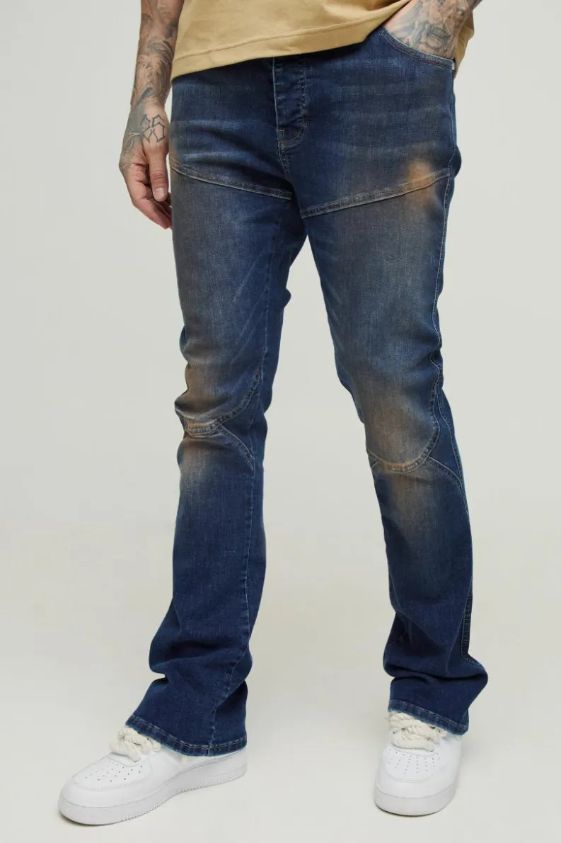Store boohooMAN Tall Stretch Skinny Seam Detail Flared Jeans mid blue