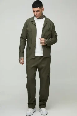 Best boohooMAN Tall Stretch Utility Pocket Shirt and Cargo Trouser Set in khaki