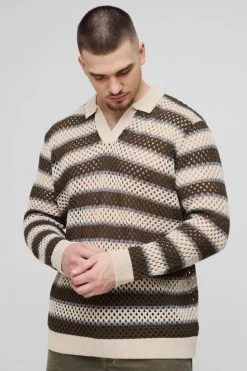 Clearance boohooMAN Tall Stripe Knitted Rugby Polo stone