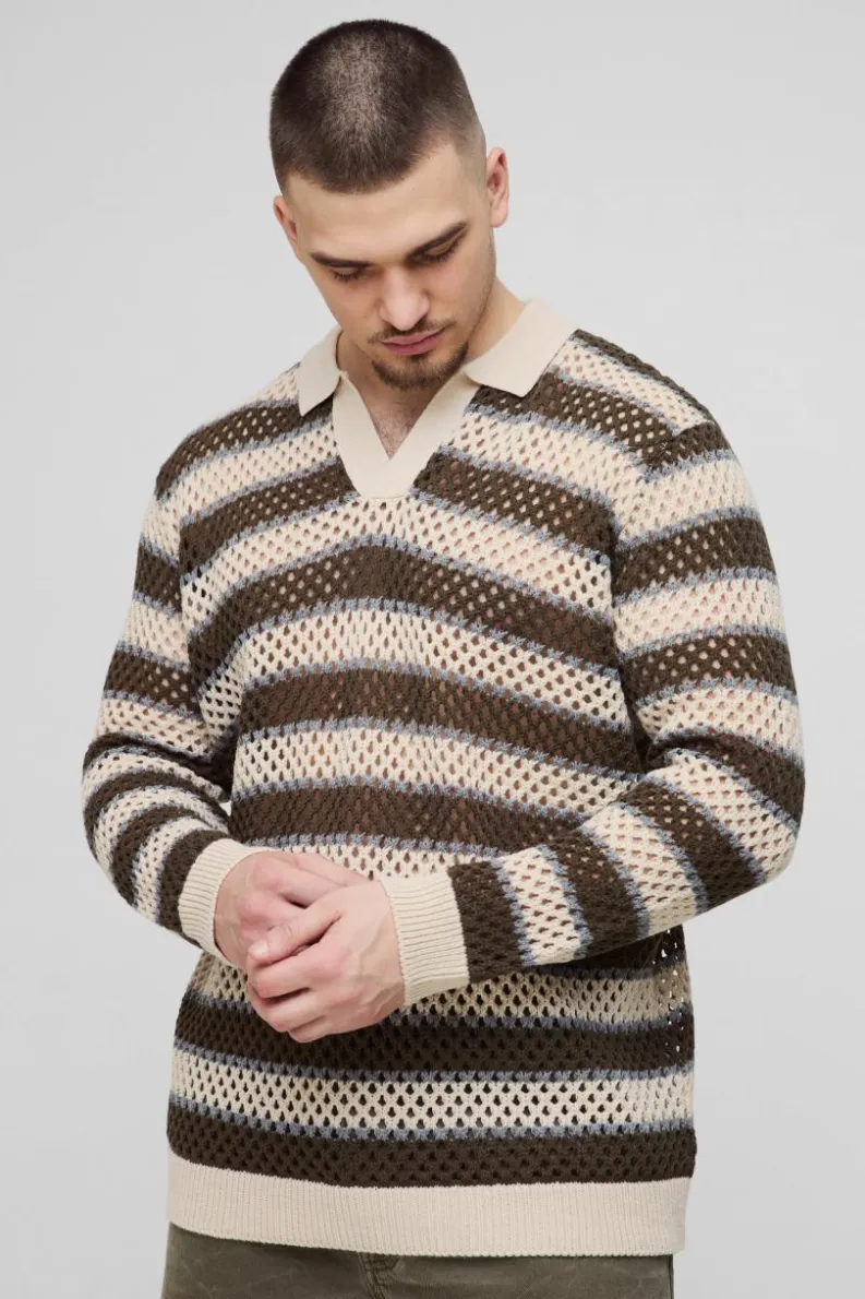 Clearance boohooMAN Tall Stripe Knitted Rugby Polo stone