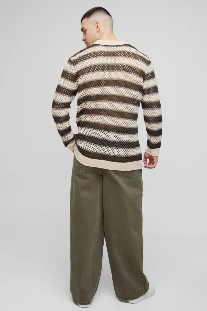 Clearance boohooMAN Tall Stripe Knitted Rugby Polo stone