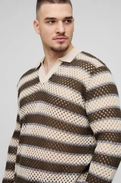 Clearance boohooMAN Tall Stripe Knitted Rugby Polo stone