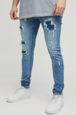 Best boohooMAN Tall Super Distressed Washed Skinny Jeans mid wash