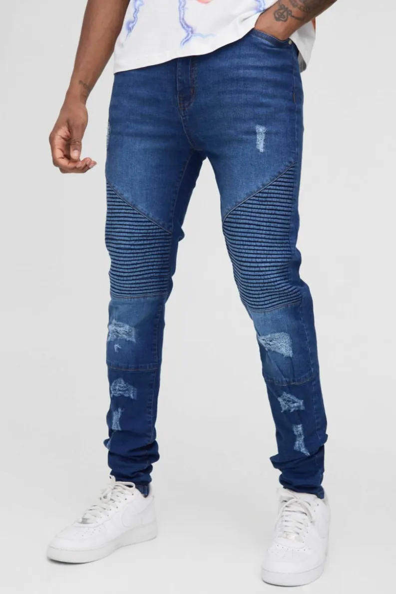 Best Sale boohooMAN Tall Super Skinny Busted Knee Biker Jeans mid blue