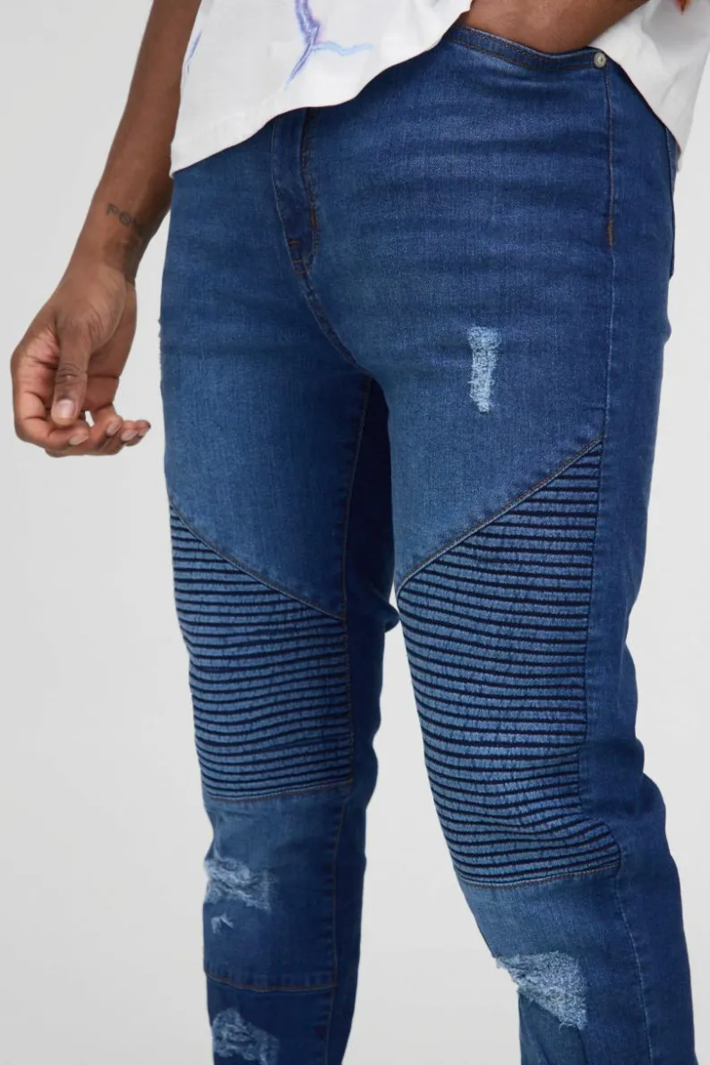 Best Sale boohooMAN Tall Super Skinny Busted Knee Biker Jeans mid blue
