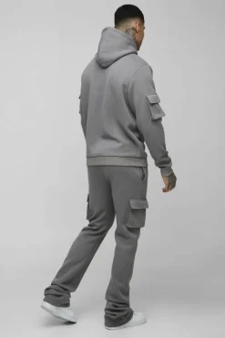Best Sale boohooMAN Tall Super Stacked Woven Tab Cargo Hooded Tracksuit charcoal